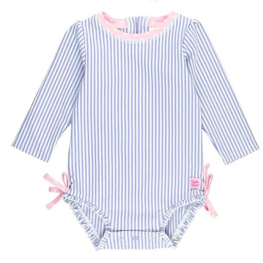 RuffleButts Baby Girls 6-12M Seersucker One-Piece Long Sleeve Rashguard Swimsuit